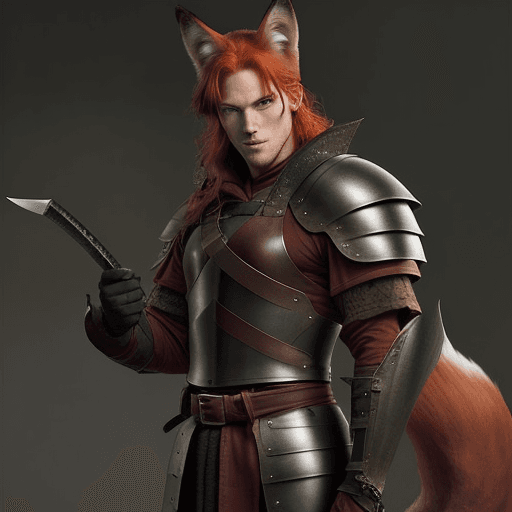 AI generated: Character: Tall, lean, slightly muscular red-haired green-eyed man with fox ears and tail in full se...