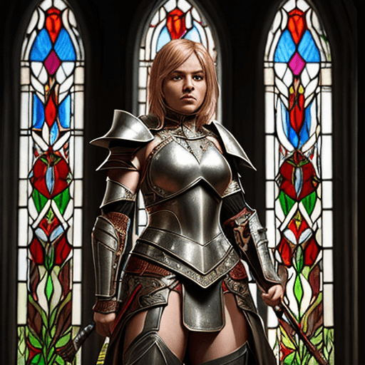 AI generated: Female warrior, with spear armor made from stained glass