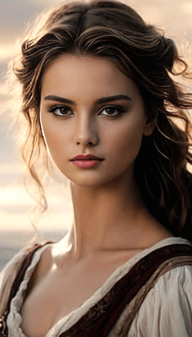 AI generated: An image of a young woman in a fantasy setting. Her gaze is confident and engaging, with intricate e...
