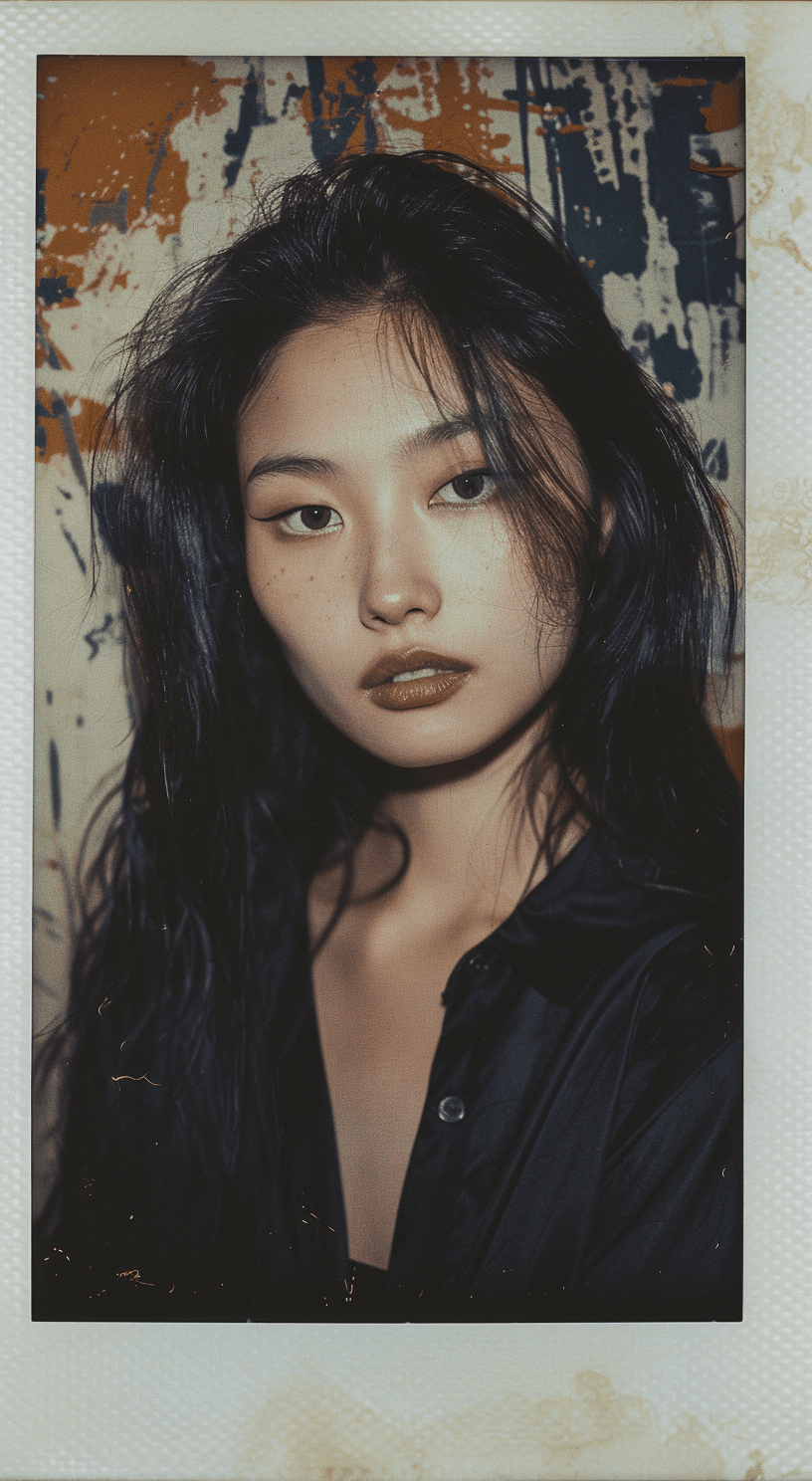 AI generated: female model, Asian, Polaroid proof for a fashion shoot, hyper-realistic, lifelike --ar 35:64 --styl...