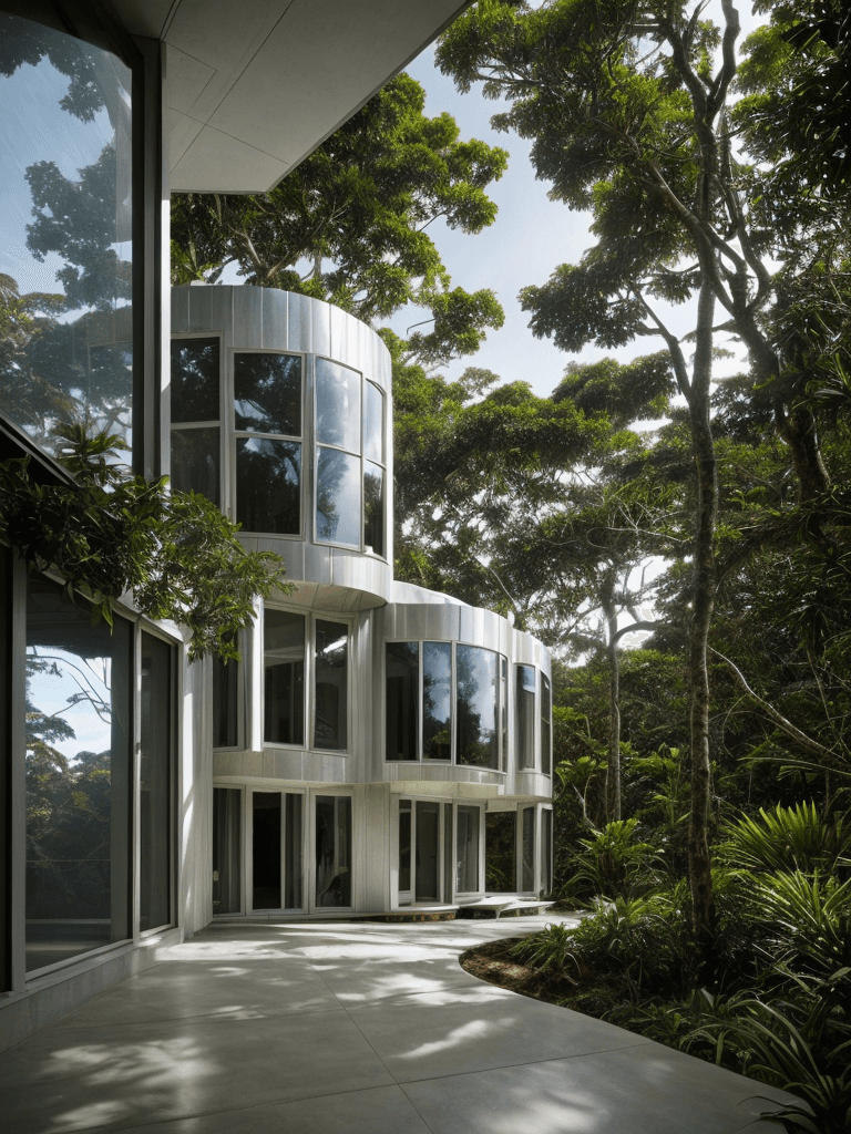 AI generated: Hyper realistic eye level exterior photo of a futuristic style house overlooking the jungle, dayligh...