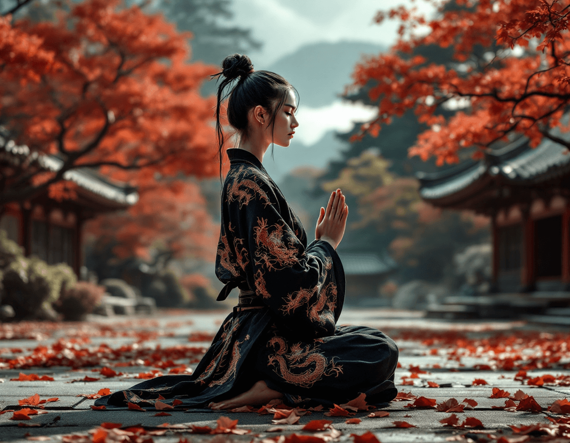 AI generated: An ultra-detailed, high contrast, elegant, gritty, side view image of a beautiful Japanese female ka...