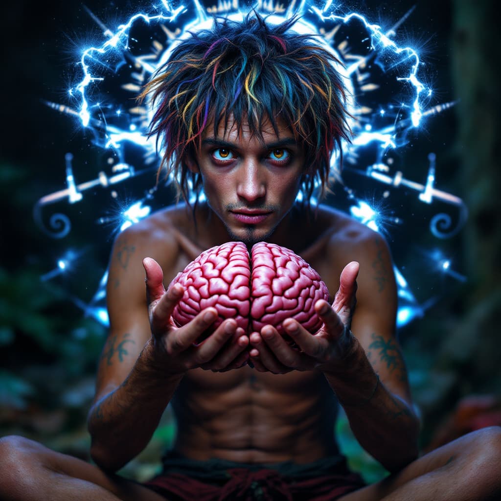 AI generated: very skinny guy easily removes his brain and presents it proudly to the camera
, in a monastery, wea...