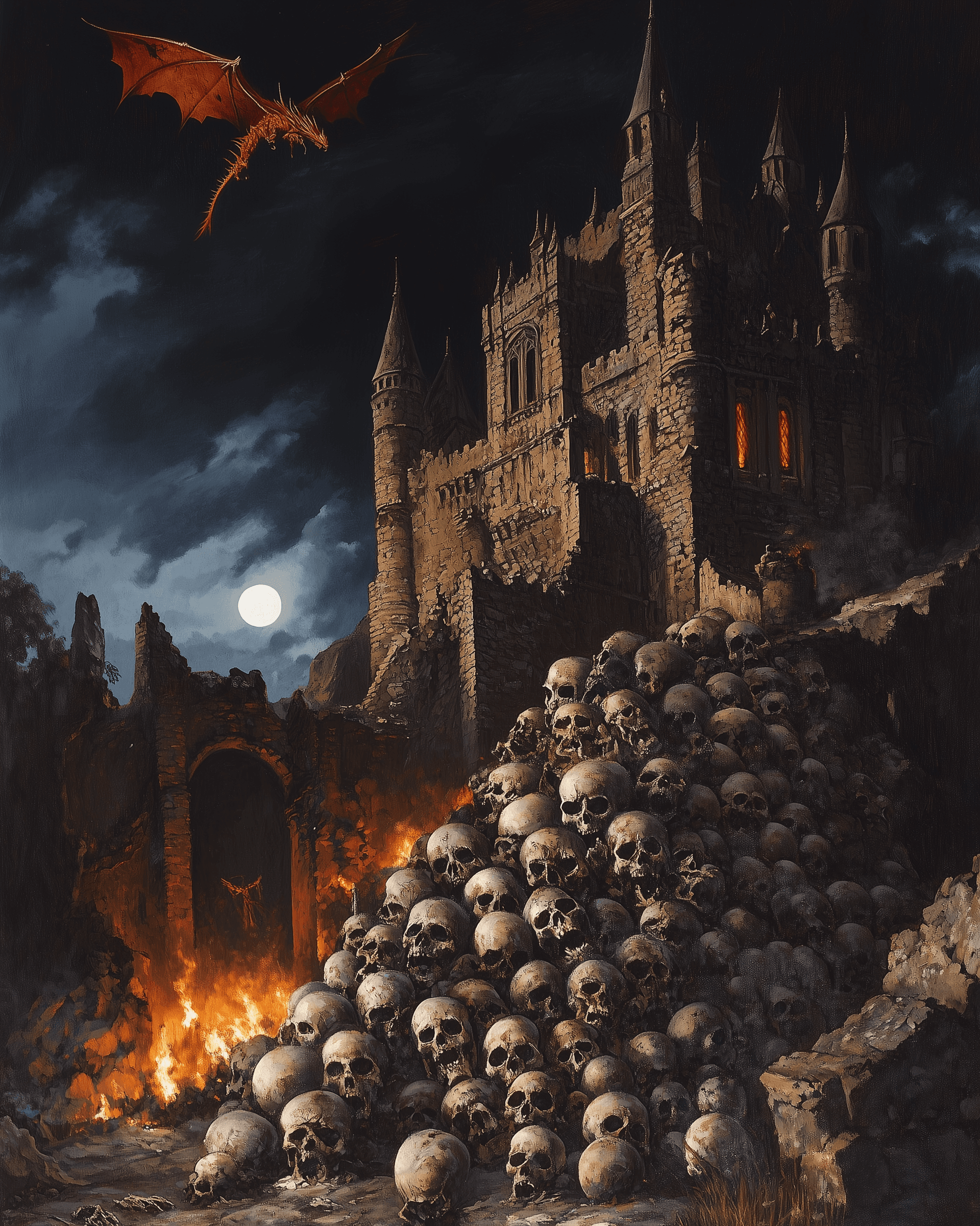 AI generated: A massive pile of skulls on the ground, in front of an ancient castle at night with firelight coming...
