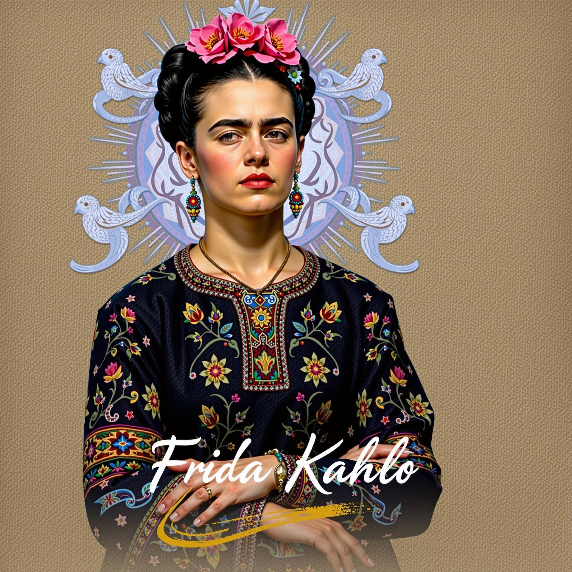 AI generated: "Vibrant, hyperrealistic portrait of Frida Kahlo with her distinctive features and traditional attir...