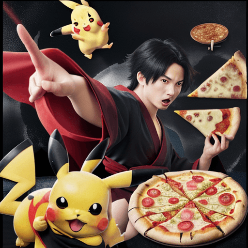 AI generated: High resolution photography, pikachu, pizza, shuriken, with akatsuki robe