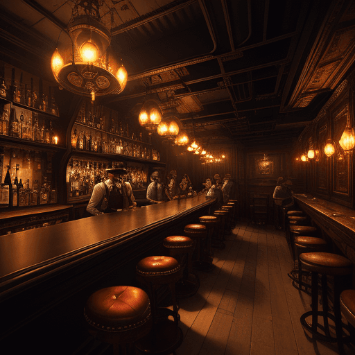 AI generated: an illegal bar full of people drinking and smoking, drug fumes, london, in a victorian steampunk sty...
