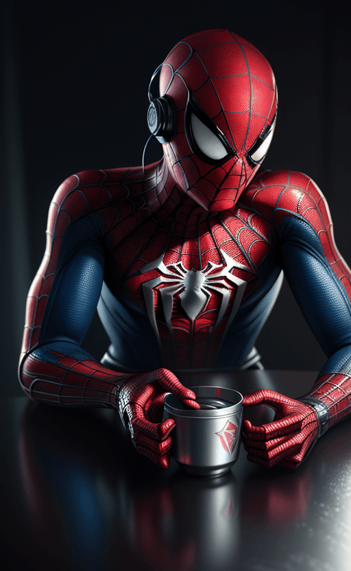 AI generated: earphone on the table with the design and character of spiderman The earphone is gold and red dark, ...
