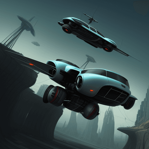 AI generated: A flying car driving down a futuristic highway, in the style of atompunk.