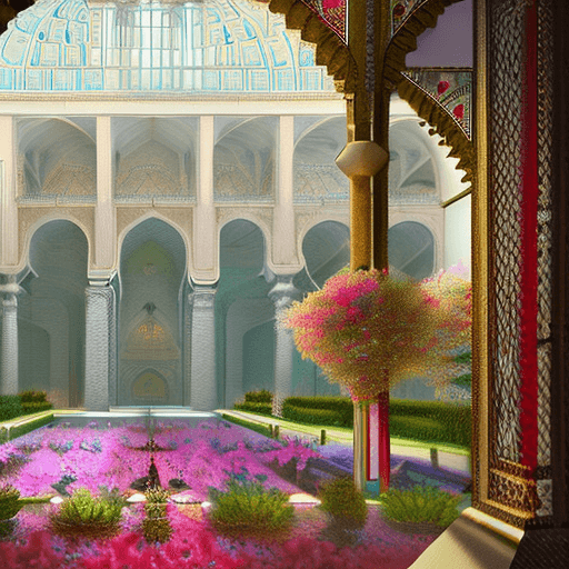 AI generated: Persian architecture, temple volume atrium light full of rose, hanging gardens, vibrant flowers, arc...