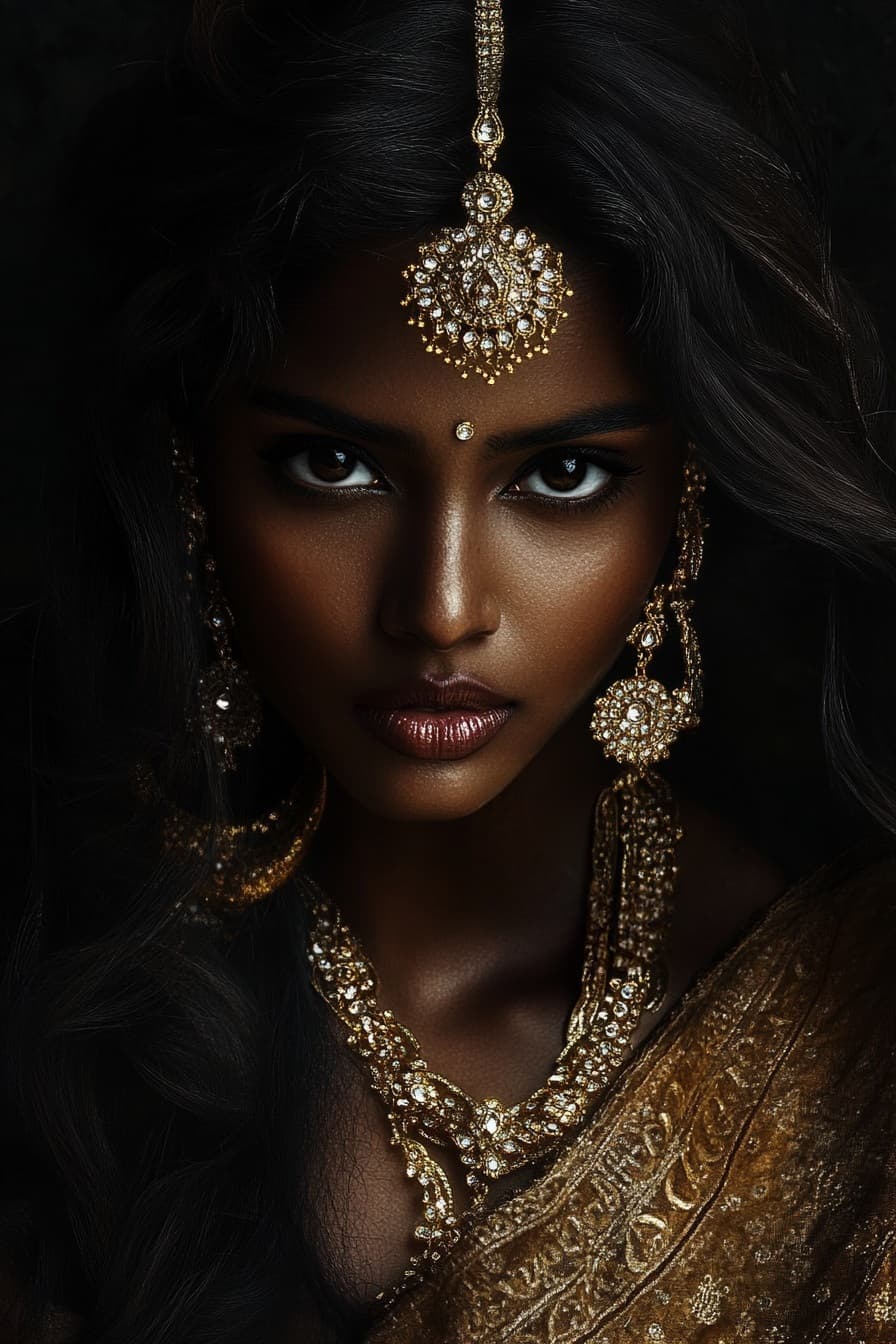 AI generated: Hyperrealistic portrait of a breathtakingly beautiful South Indian woman in her 30s, long black hair...