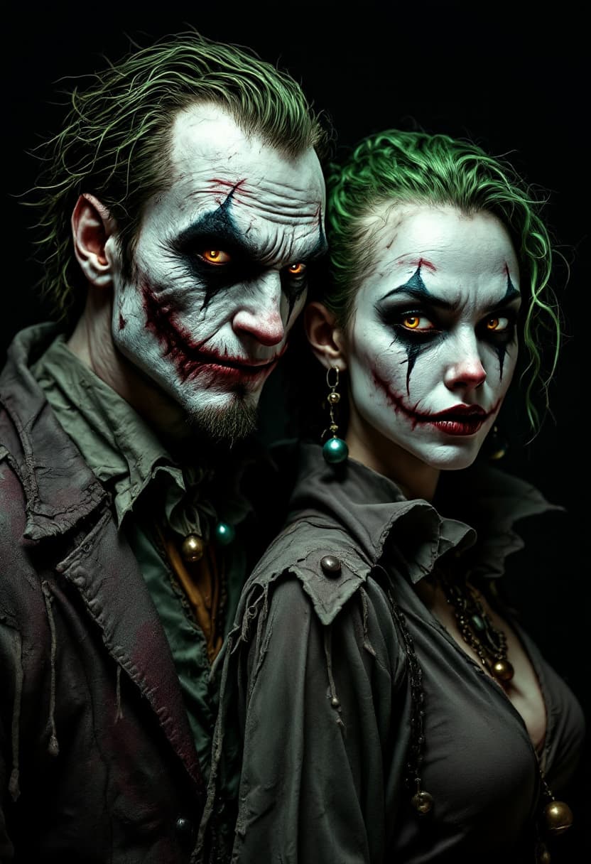 AI generated: Two jokers, a menacing male and a sinister female, standing back-to-back, their faces twisted in cru...