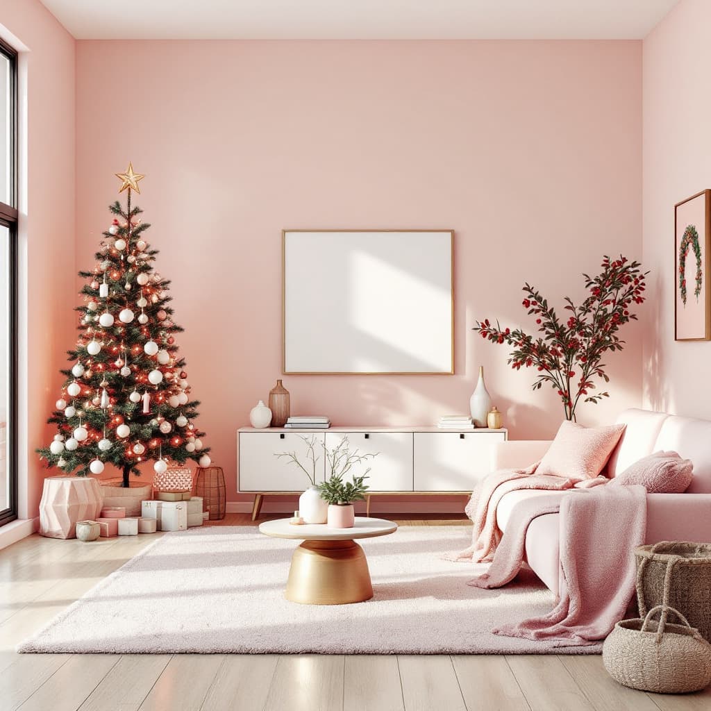 AI generated: light pink Modern Mid Century Living Room With Christmas Tree And Decorations 