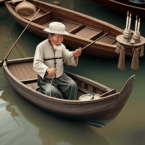 AI generated: realistic photo image very old chinese man fishing in a boat with an oil candlestick