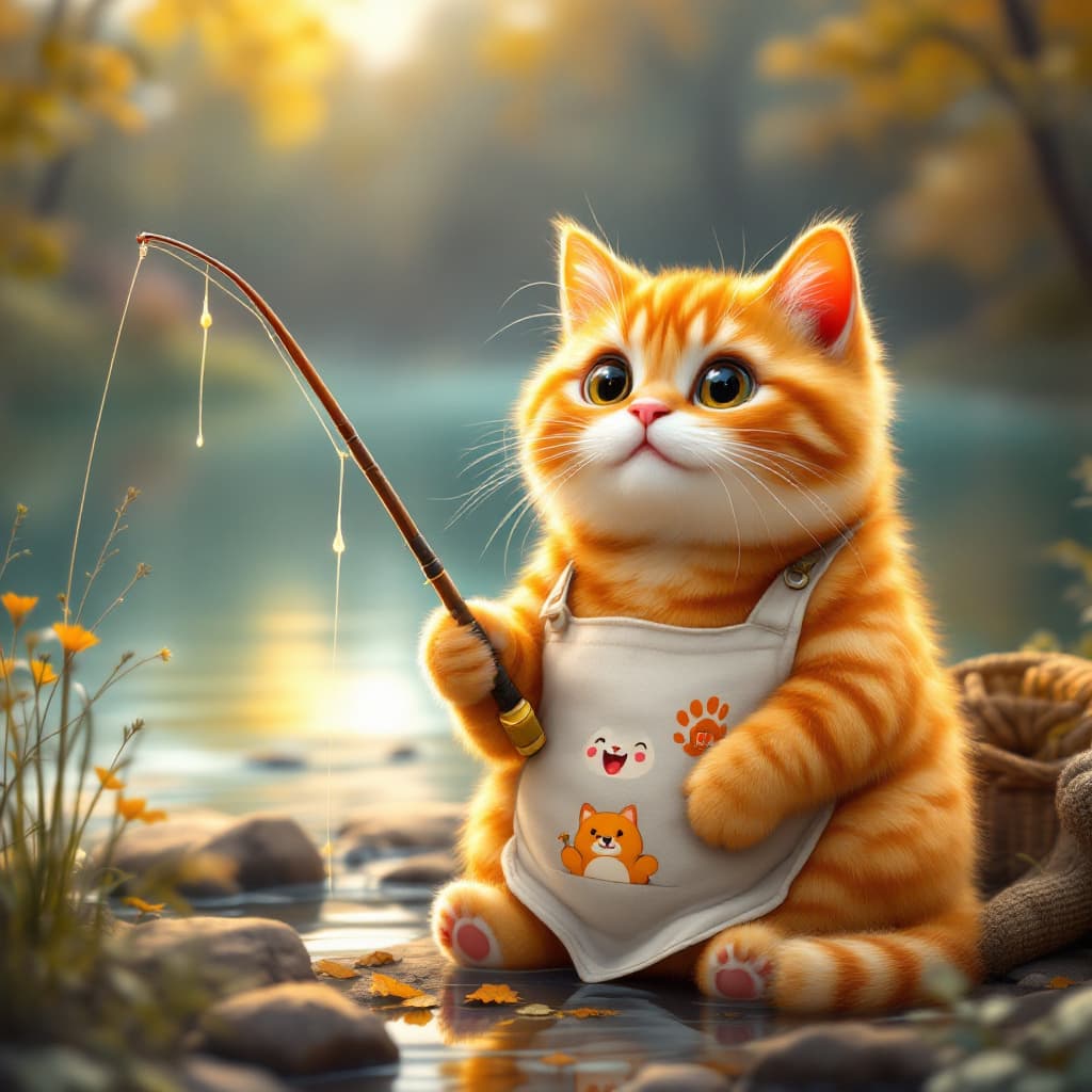AI generated: "A cute, chubby orange tabby cat with dark orange stripes, wearing a white apron with a small cartoo...