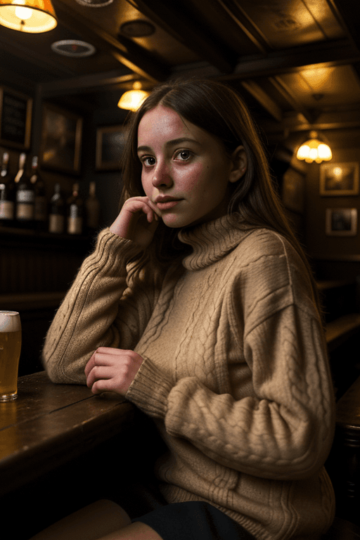 AI generated: a girl in a dimly lit old English pub, cozy, warm, woolen jumper