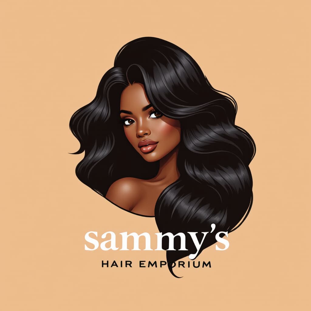 AI generated: black woman with hair extensions as logo for "sammys hair emporium"