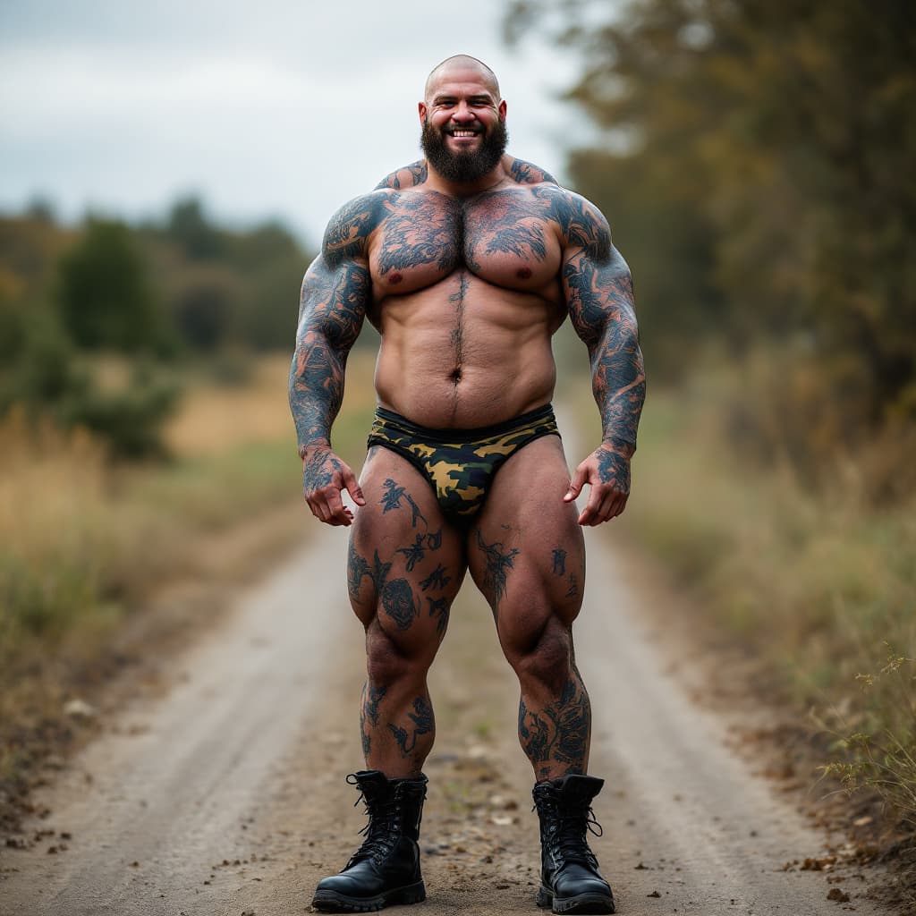 AI generated: Full body image, tall army muscle man, heavily tattooed, slim face, chiseled jawline, shaved head, h...