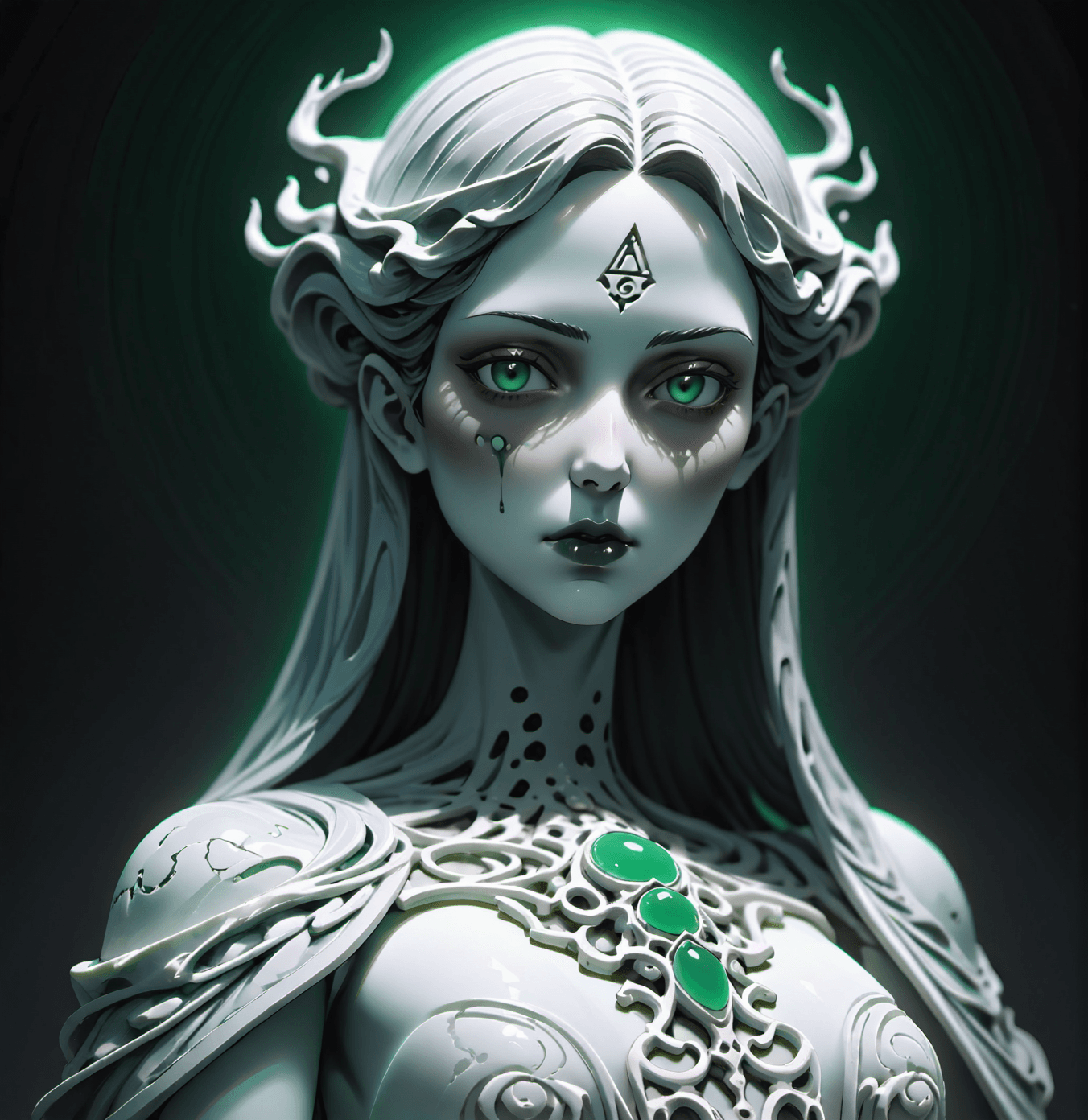 AI generated: highly detailed marble and jade sculpture of a female necromancer, volumetric fog, Hyperrealism, bre...