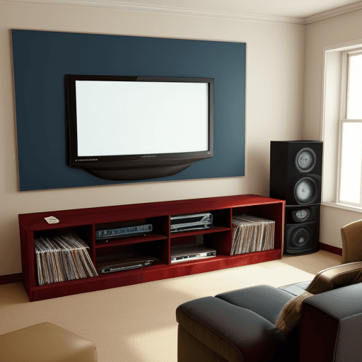AI generated: a TV room with a sofa, a dividing bench and a TV cabinet.