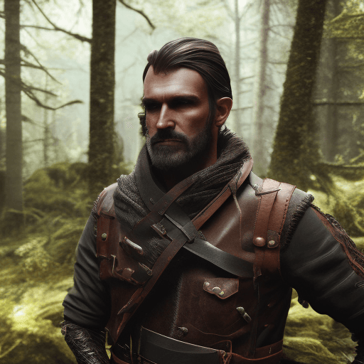 AI generated: Photo of a hansdsome and rugged male hunter wearing leather and cloth attire, upper body, outdoors, ...