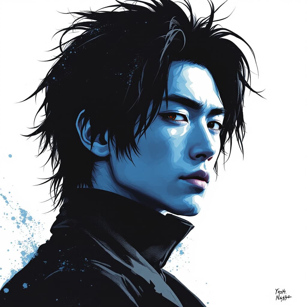 AI generated: movie poster, male character in black, white and blue, in the style of yoh nagao, light-focused --ar...