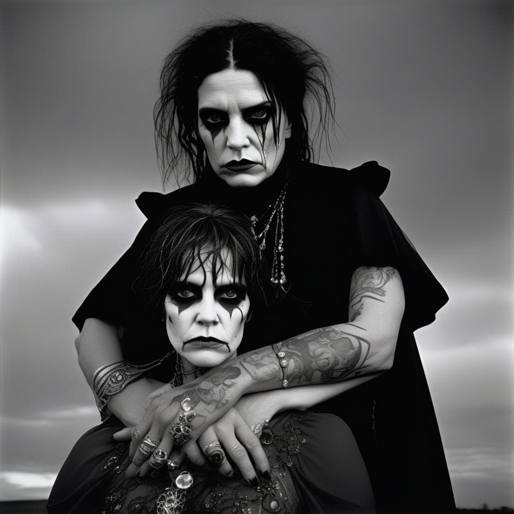 AI generated: Photography by Mary Ellen Mark, a depressed Goth couple. double portrait, highly detailed make-up, p...
