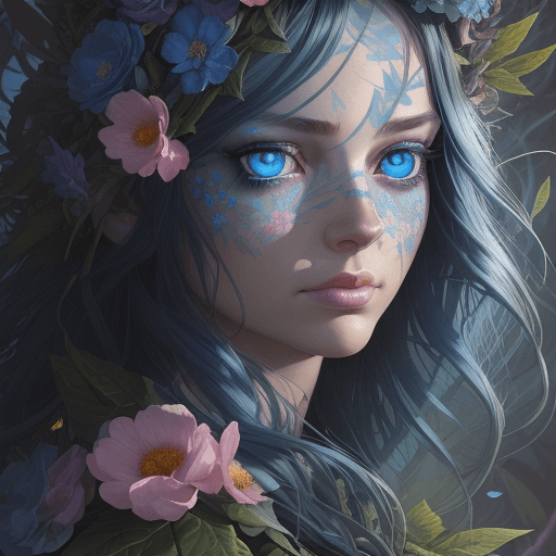 AI generated: a close up of a person's blue eye surrounded by flowers, dan mumford and peter mohrbacher, highly ph...