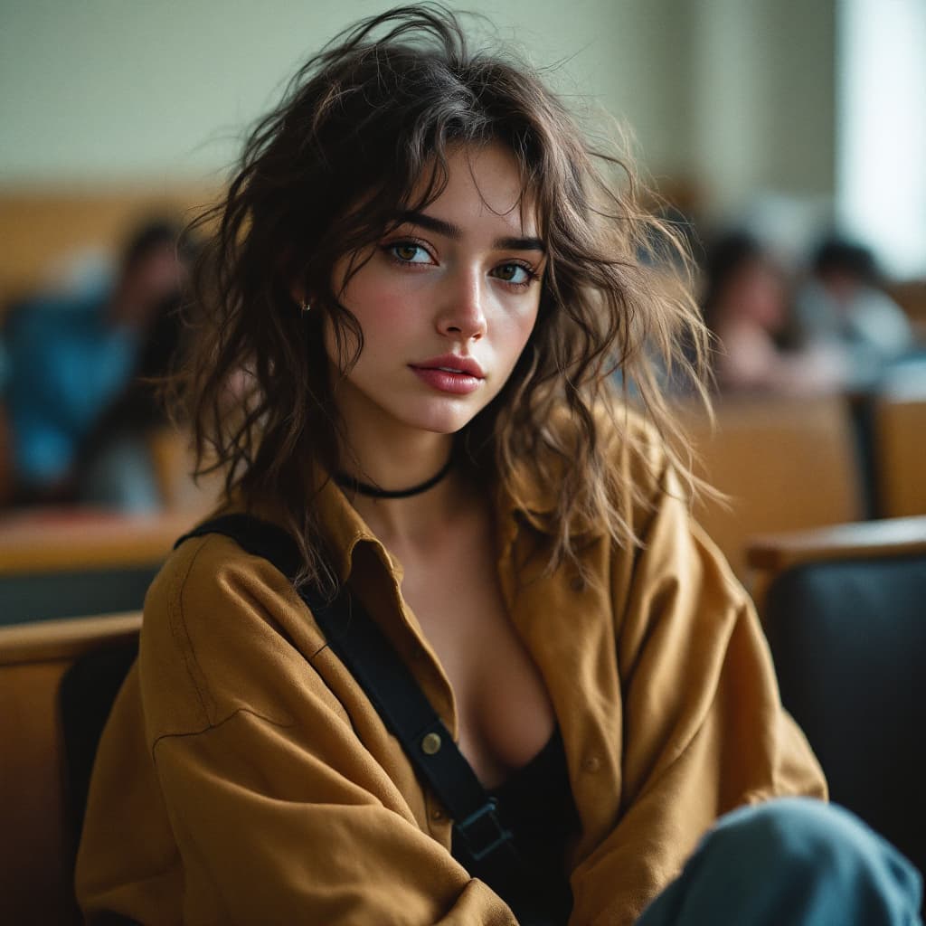 AI generated: gorgeous  female,a beautiful college girl, mixed girl, girl next door, baggy clothes, sitting, lectu...