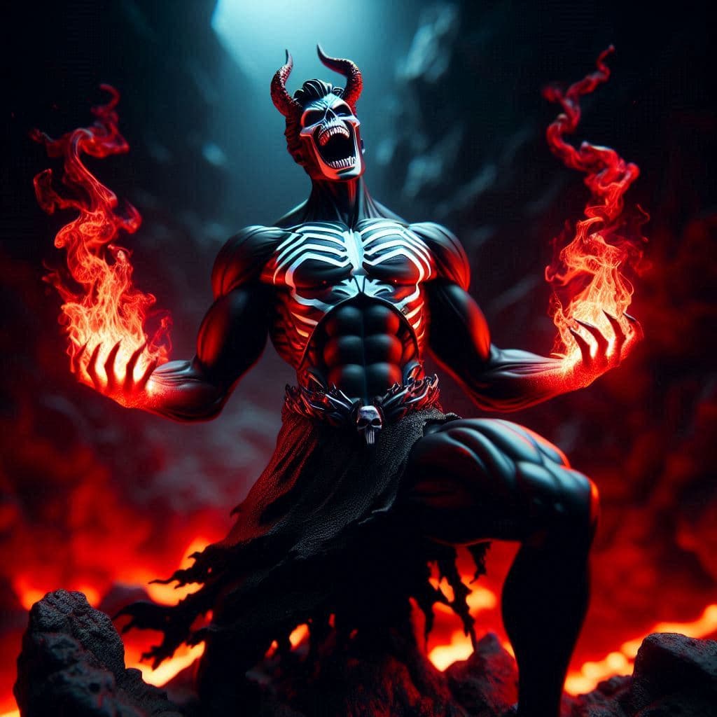 AI generated: figura oscura y de contraste negro de Shreek riéndose a carcajadas en una pose diabólica con los bra...