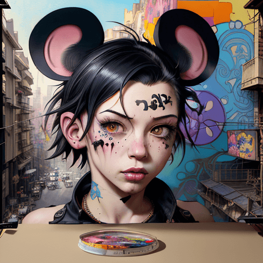 AI generated: Portrait of Mickey Mouse, character design, photorealism, detailed hair, punk art, acid punk, clutte...