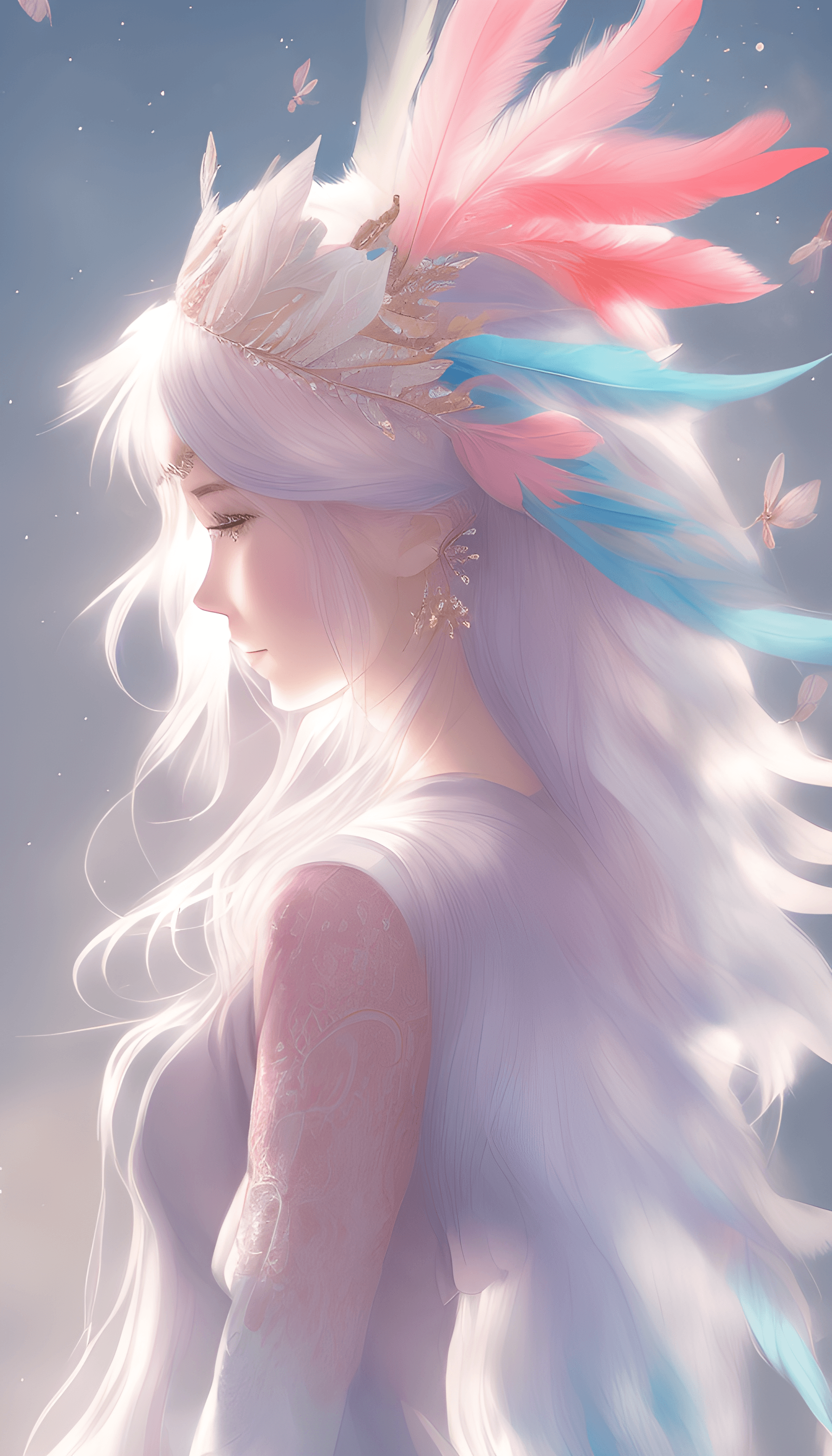 AI generated: a woman with long white hair wearing a feather headdress, trending on cg society, fantasy art, high ...