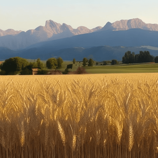 AI generated: a sown wheat field with mountains in the background 