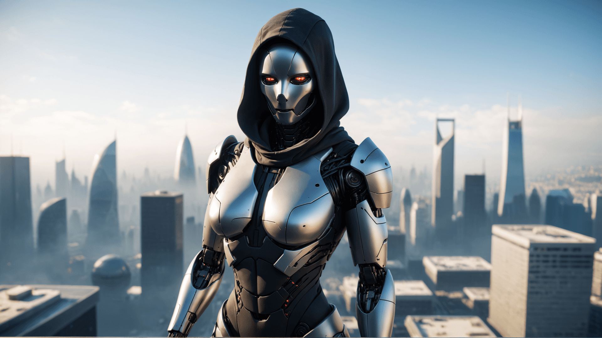 AI generated: masterpiece, full body shot, female robot, complex mechanics, carbon and titanium components, stealt...