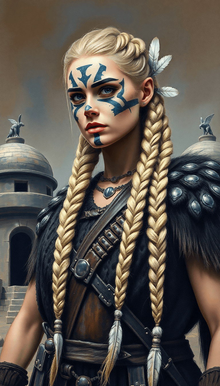 AI generated: A full-body acrylic oil painting of a female Viking warrior features braided hair and war paint on h...