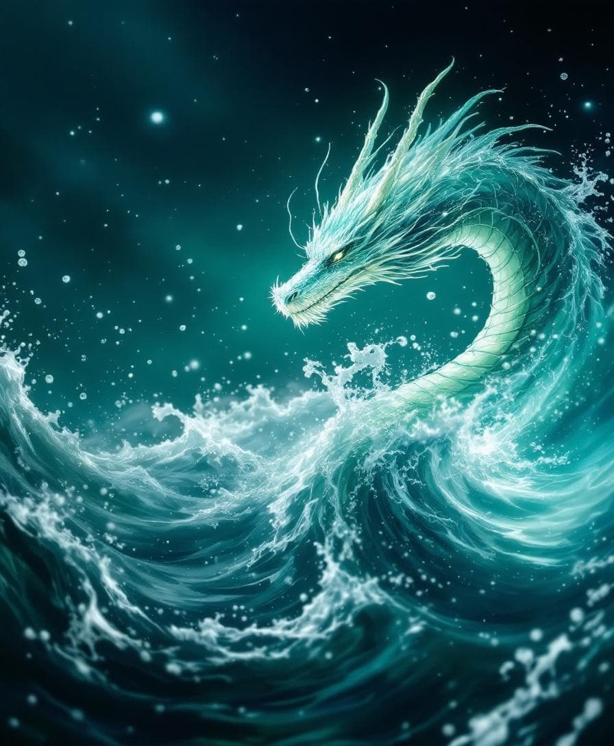 AI generated: The way of water. A water dragon emerges from the depths of a vast and deep ocean.