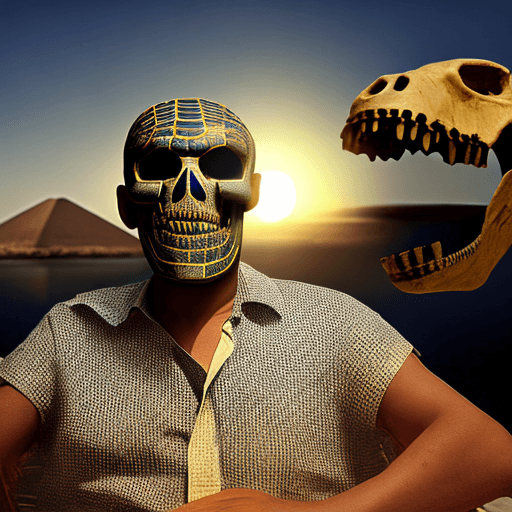 AI generated: egyptian man, wearing a crocodile skull mask, the sun shines upon the Nile river, in a dark-filled a...