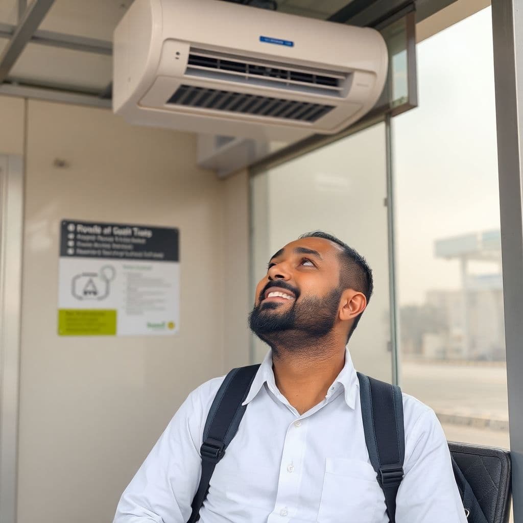 AI generated: In Riyadh city, A passenger waits for the bus at the bus stop. the bus stop is a room of 2.5m high. ...