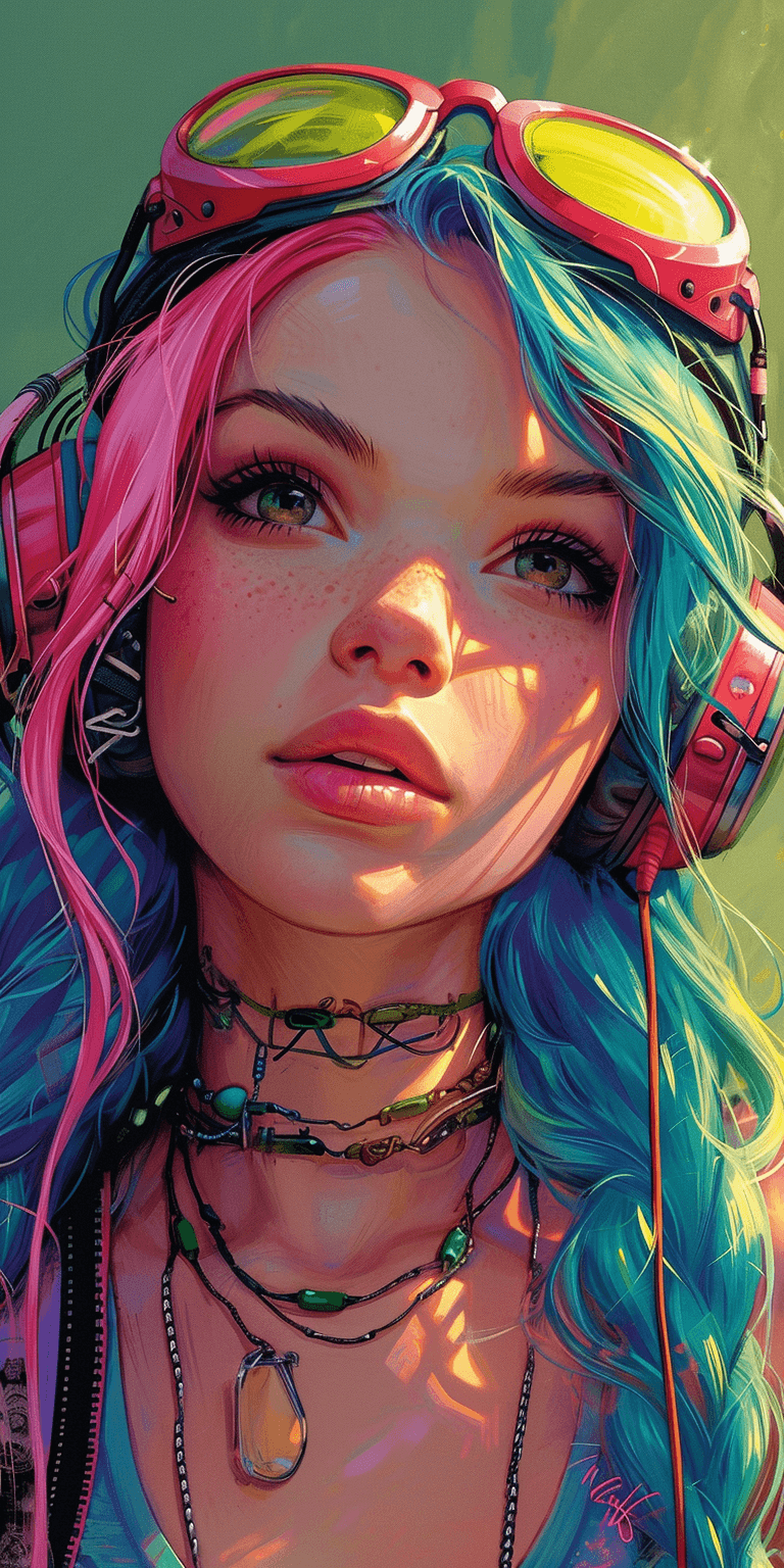 AI generated: a colorful woman with colorful hair, in the style of martin ansin, light green and light emerald, ak...