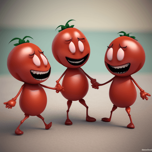 AI generated: Hyper realistic 3d render of 3 little tomatomans talking and laughing , weird, funny