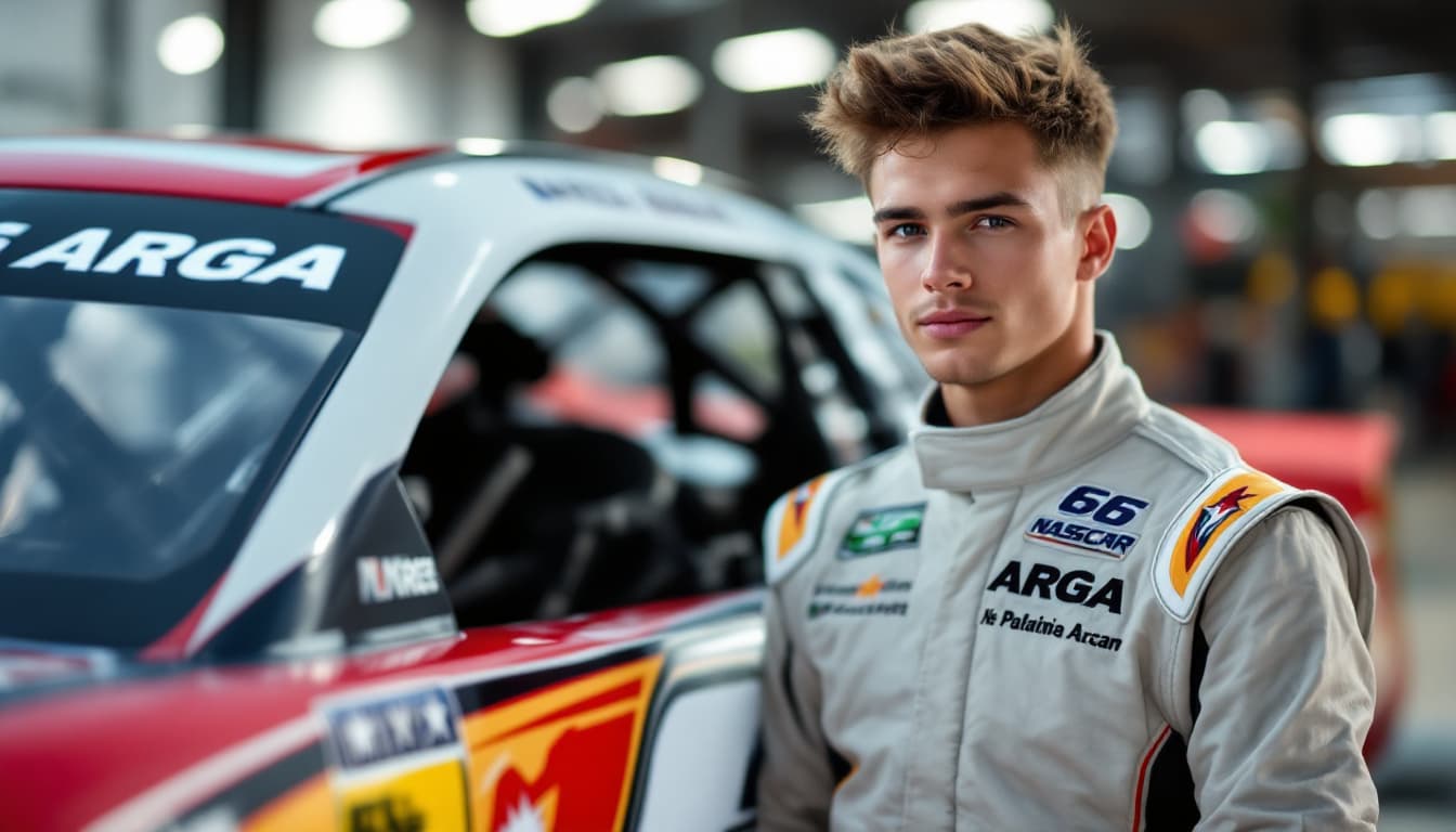 AI generated:  A handsome 19 years old NASCAR driver standing in front of his racing car, with name "Arga" on the ...
