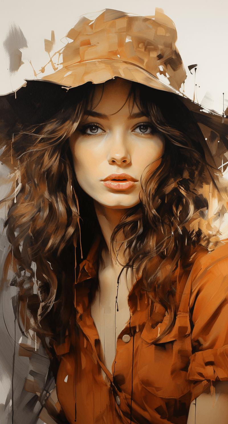 AI generated: yiry moriyovyj, portrait of a woman with hat, in the style of speedpainting, captures the essence of...