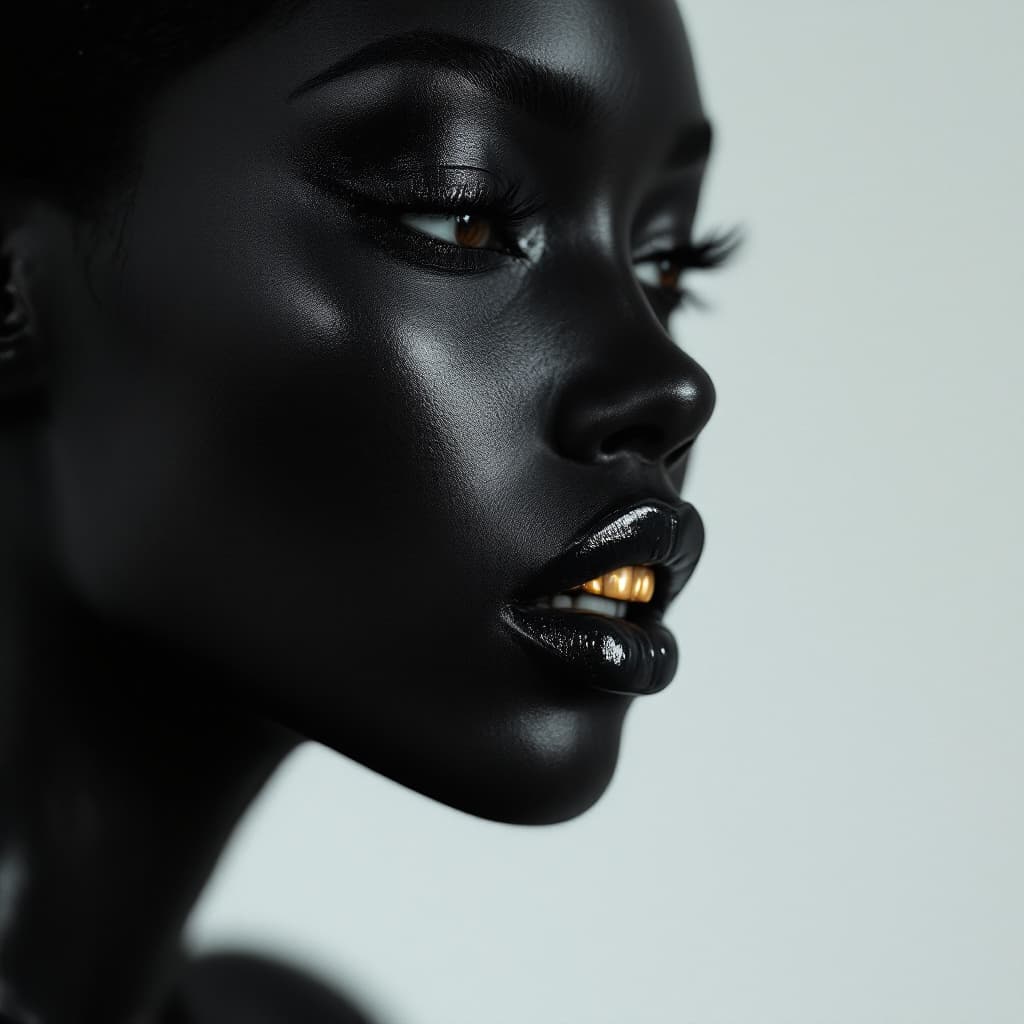 AI generated: a black woman with a large jaw and gold teeth, in the style of futuristic minimalism, restrained for...