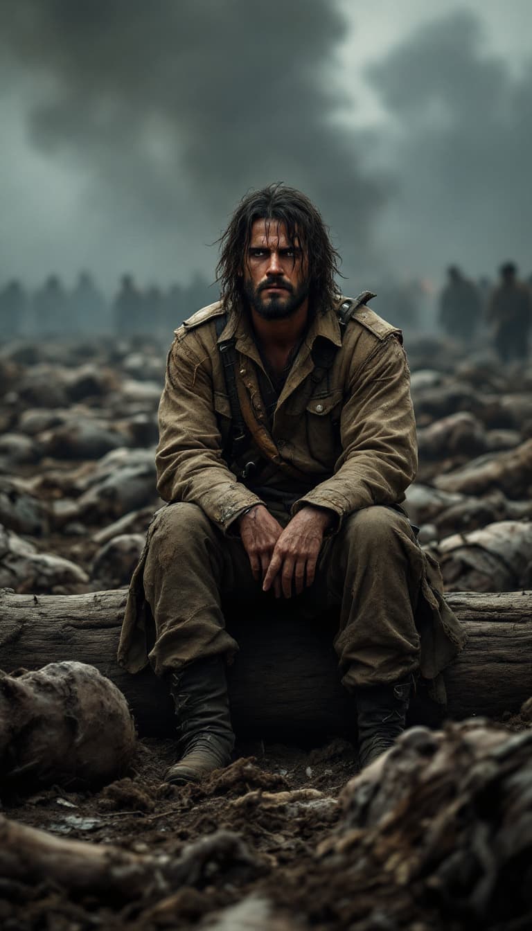 AI generated: Soldier Mateo sitting alone on a log, staring at the dirty field with a sorrowful expression, in the...