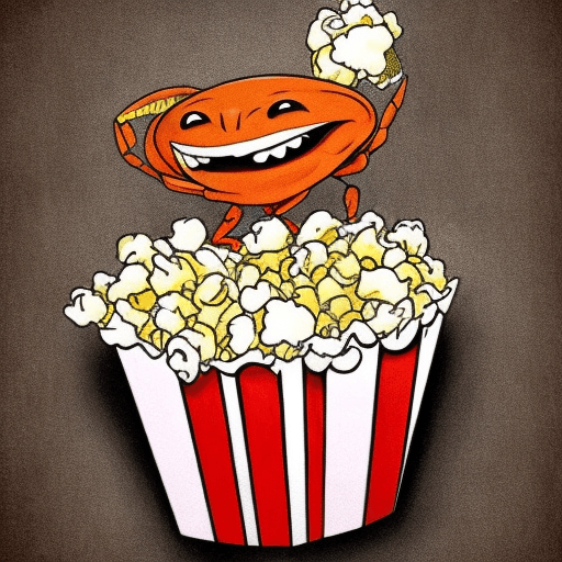 AI generated: A crab in cartoonart eating popcorn. A cute crab. A picture which is easy to draw after.