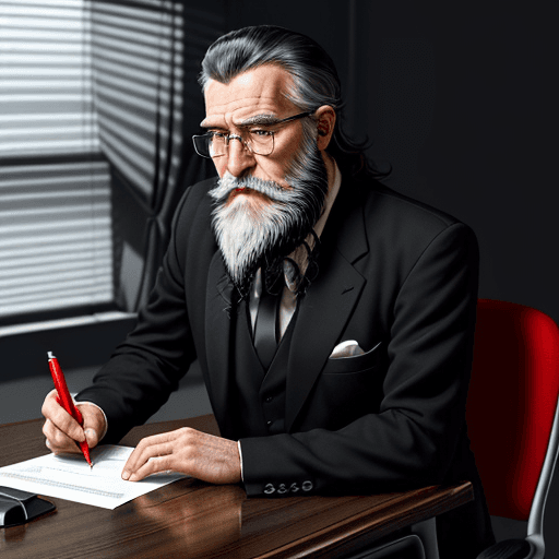 AI generated: ELEGANT OLD MAN IN A BLACK SUIT WITH BLACK HAIR AND BEARD SITTING AT A DARK DESK AND HOLD A RED PEN 