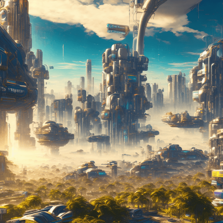 AI generated:  a bright sunny hopeful sythwave cyberpunk utopia 8k photorealism detailed, large sky, golden and wh...