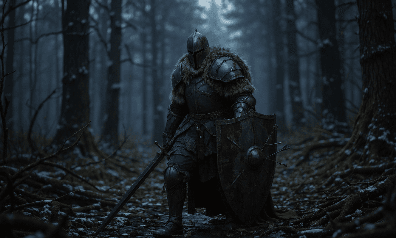 AI generated: A lone medieval knight stands wounded in the middle of a serene yet ancient forest at twilight, his ...