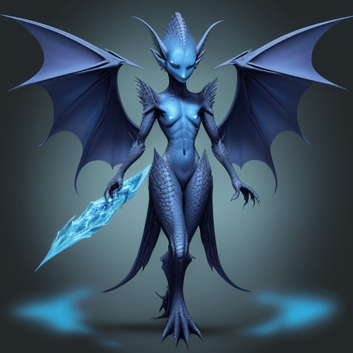 AI generated: draconic alien with sharp features blue skin and large wings