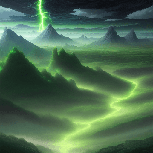 AI generated: High resolution picture in anime style, a surreal landscape, a jade-hued environment. The air is thi...